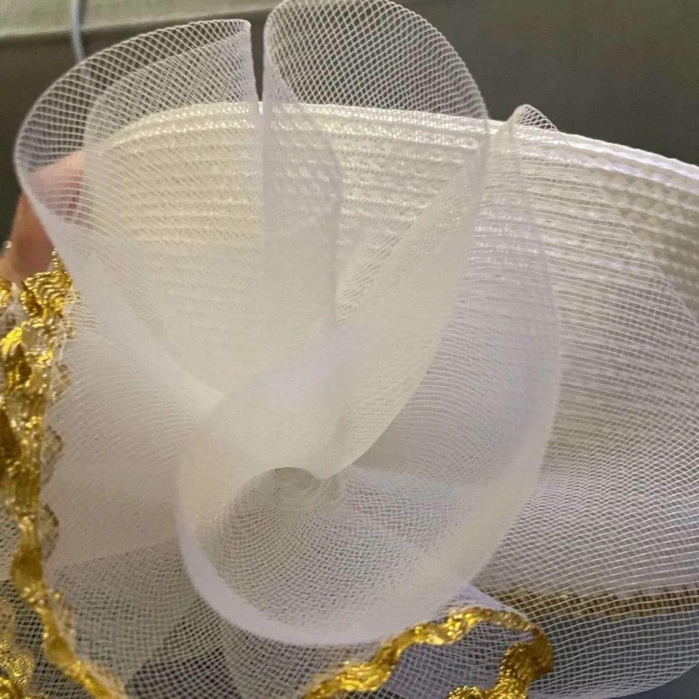Hat Women's White Pillbox gold trim Large Mesh Bow church hat